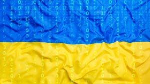 A Ukraine flag with a binary code overlay