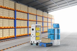 3d rendering of warehouse robots delivering boxes in a shelf-lined warehouse