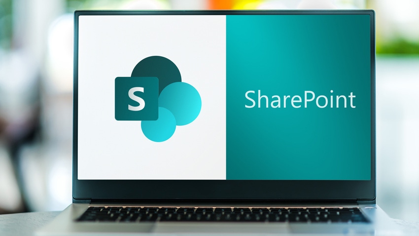 Logo of Microsoft SharePoint on laptop computer screen