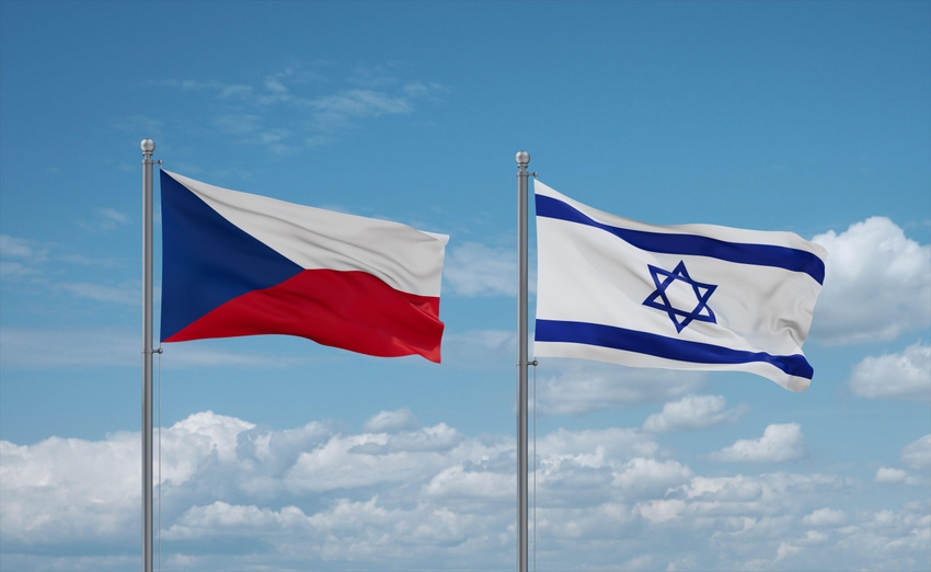 Israel and Czech flags flying against a blue sky