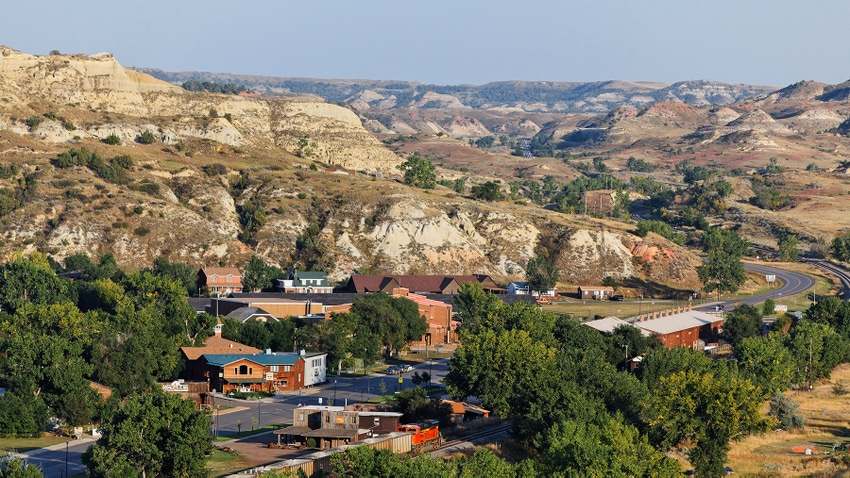 View of a settlement nestled into the badlands of Medora, North Dakota, USA