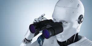 Robot looking through a pair of binoculars.