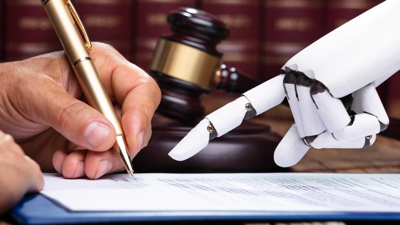 Robotic Hand Assisting Person For Signing Document Over Reflective Desk In The Courtroom Robotic Hand Assisting Person For Signing Document Over Reflective Desk In The Courtroom