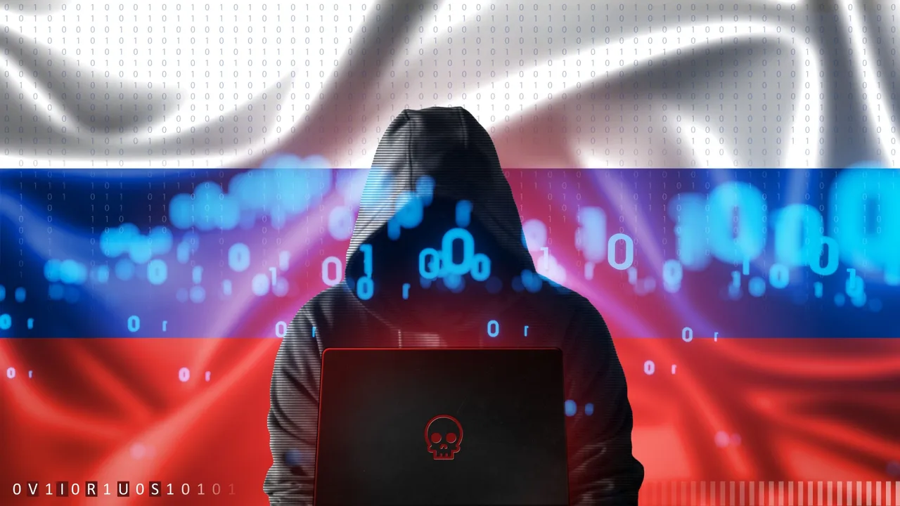 ロシア国旗の色を背景に、コンピューターの前にいるロシア人ハッカー ロシア国旗の色を背景に、コンピューターの前にいるロシア人ハッカー