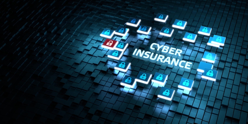 The words "cyber insurance" surrounded by padlock icons on a digital background