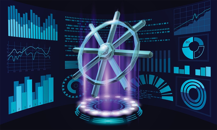 Illustration of the captain's wheel Kubernetes logo with windows of various monitor applications arranged around it