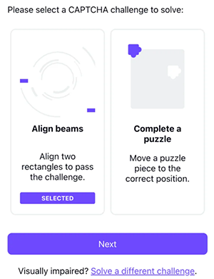 Proton CAPTCHA offering choice of two visual puzzles, Align Beams or Complete a Puzzle