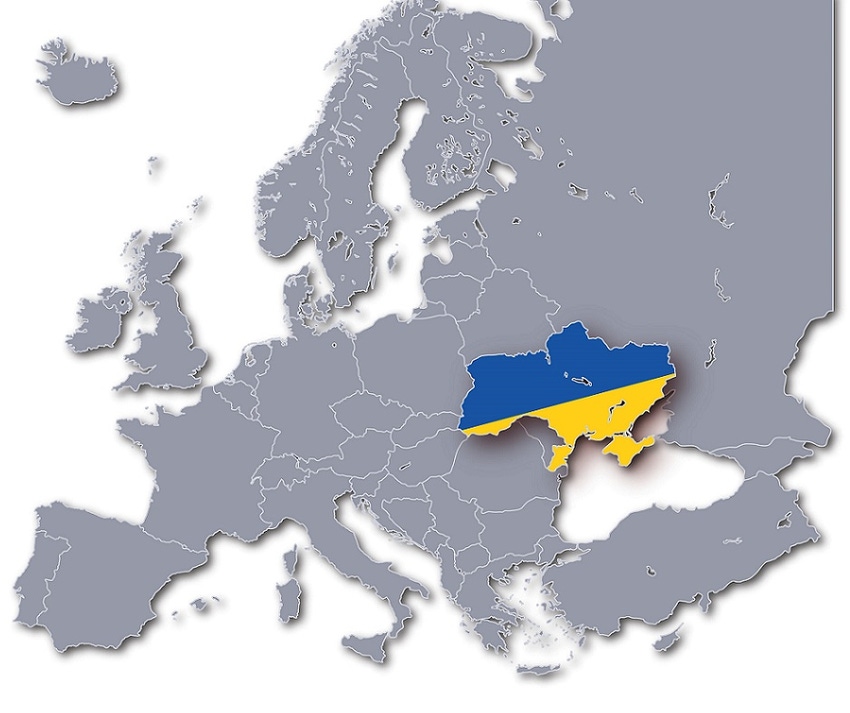 Map of Europe with Ukraine highlighted in its flag's colors