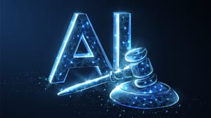 A stylized crystal-looking judge's gavel with the letters AI standing behind it A stylized crystal-looking judge's gavel with the letters AI standing behind it