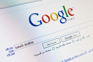 Screenshot of a Google search engine in Arabic with Saudi Arabia in the search bar