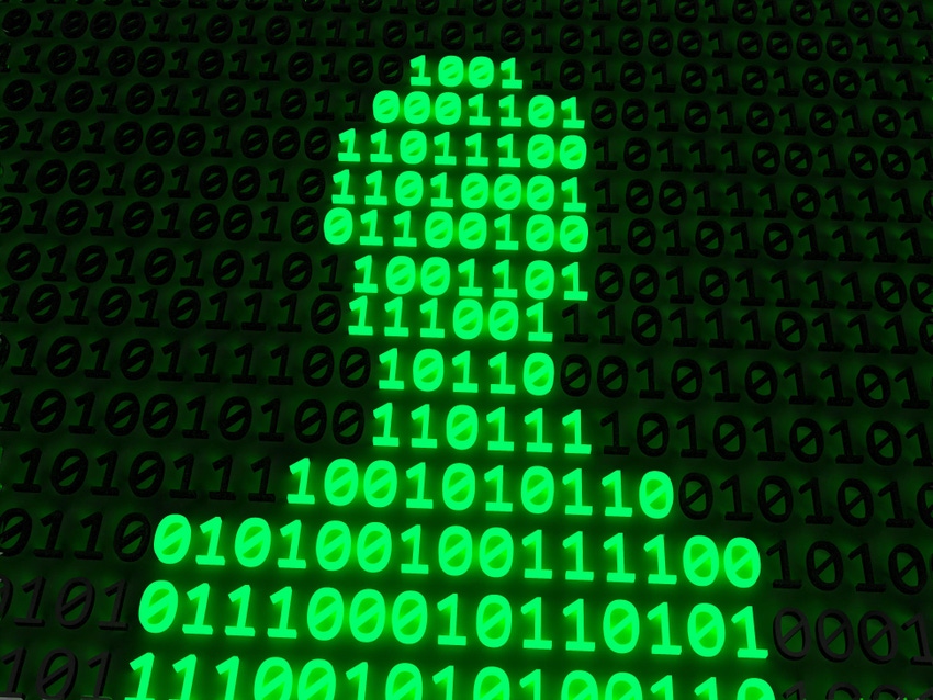 computer screen with green 1s and 0s making the shape of a human figure