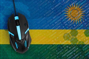 The Rwandan flag with a digital mouse on top and binary code over it