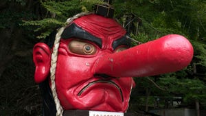 Statue of Japanese folklore figure Tengu with scary red face and long nose Statue of Japanese folklore figure Tengu with scary red face and long nose