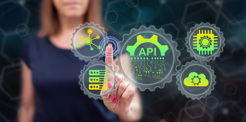 A woman touches an illustrated screen representing network concepts, with the middle one labeled API