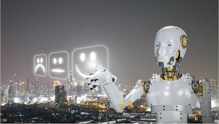 Robot pointing at an emoticon in front of a cityscape