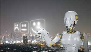Robot pointing at an emoticon in front of a cityscape