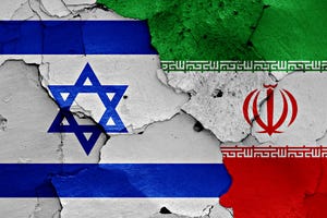 Fragmented-looking Israeli flag next to a fragmented-looking Iranian flag