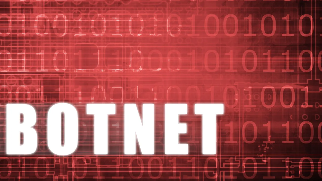 赤いバイナリコードの背景に白い大文字で「Botnet」という単語 赤いバイナリコードの背景に白い大文字で「Botnet」という単語