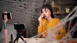 Woman cleaning Halloween stage makeup from face with cotton pad, looking into phone camera mounted on tripod. Woman cleaning Halloween stage makeup from face with cotton pad, looking into phone camera mounted on tripod.