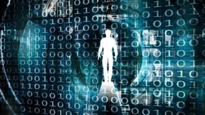 A wall of 0 and 1 and a silhouette of a person A wall of 0 and 1 and a silhouette of a person