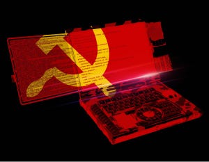 Red flag with yellow hammer-and-sickle emblem spreads over open laptop screen and keyboard