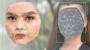 A cutout of a person's face on the left side and a photo with the face cut out on the right side with digital rendering where face would be A cutout of a person's face on the left side and a photo with the face cut out on the right side with digital rendering where face would be