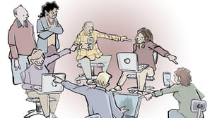 Caption contest for scene of workers seated in chairs in a circle with laptops. Everyone is pointing their figures at the next person, implying blame Caption contest for scene of workers seated in chairs in a circle with laptops. Everyone is pointing their figures at the next person, implying blame