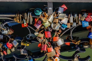 Multiple colorful locks on a bridge