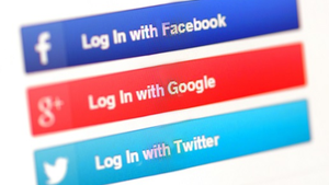 Three banners in dark blue, red and light blue that say Login with Facebook, Google, and Twitter, respectively Three banners in dark blue, red and light blue that say Login with Facebook, Google, and Twitter, respectively