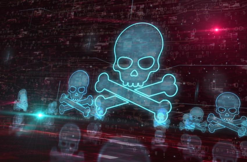 Skull and crossbones on a digital background, indicating cyberattack