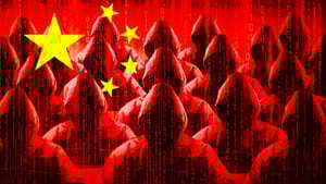 Anonymous hooded figures in several rows working on laptops with the Chinese red flag overlapping Anonymous hooded figures in several rows working on laptops with the Chinese red flag overlapping