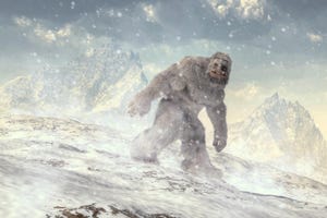 On a cold slope backed by jagged mountains, a yeti trudges through the snow, the abominable snowman.