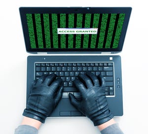 Gloved hands typing on a laptop keyboard with "Access Granted" shown on the screen against a backdrop of lines of computer code