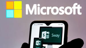 Microsoft Sway application open on a phone with the Microsoft logo on a wall in the background Microsoft Sway application open on a phone with the Microsoft logo on a wall in the background