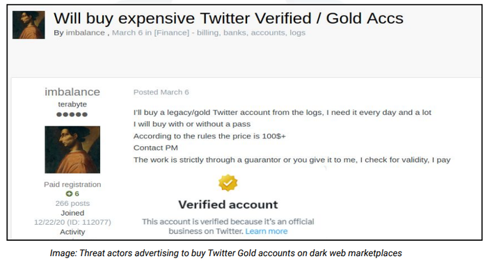 Threat actors advertising to buy X/Twitter Gold accounts on Dark Web marketplaces
