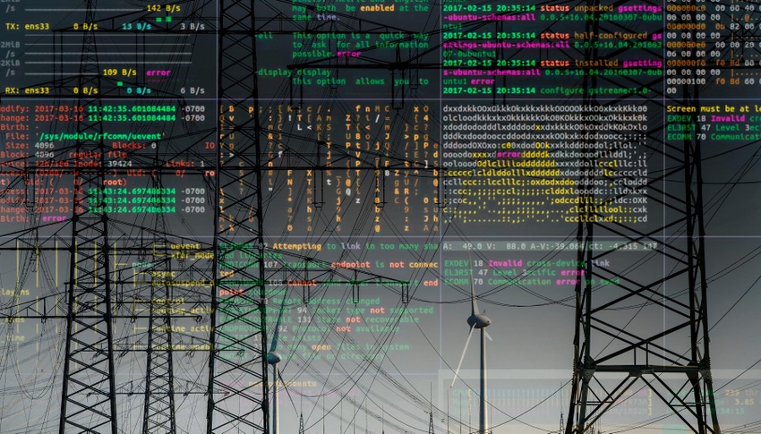 High-voltage lines on a background that looks like security information