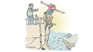 A person standing on top of a cliff with a bungee rope and another person ready to push. A person standing on top of a cliff with a bungee rope and another person ready to push.