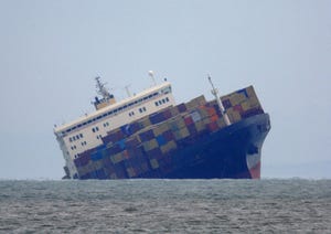 Container ship on body of water, leaning to one side