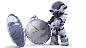 A silvery robot looking at a pocketwatch which shows 10pm.