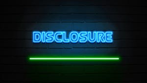 The word DISCLOSURE in bright blue neon on a black background with a green line below