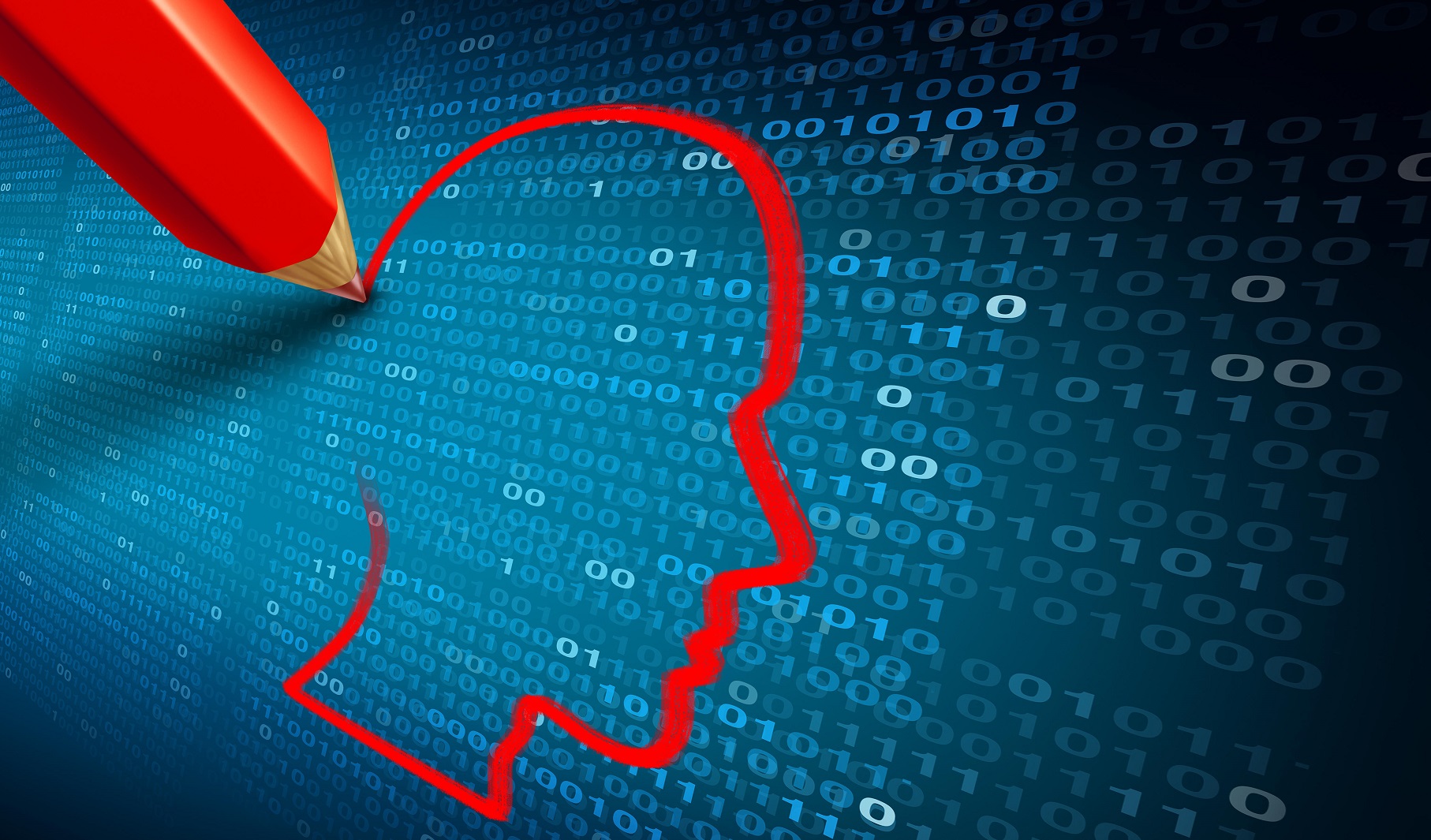 Pencil sketches a silhouette of a head in red on a background of 1s and 0s