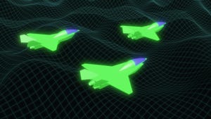 3D image of three green military jets flying over mountains