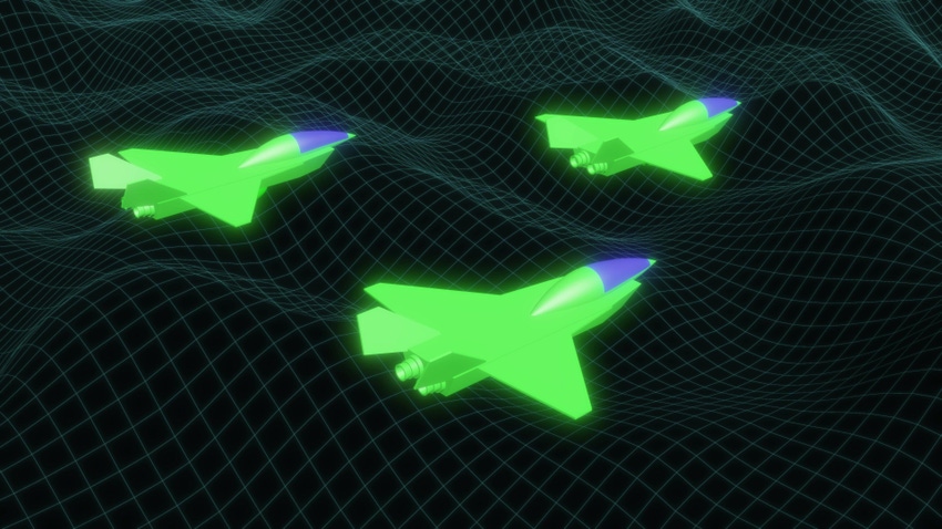 3D image of three green military jets flying over mountains