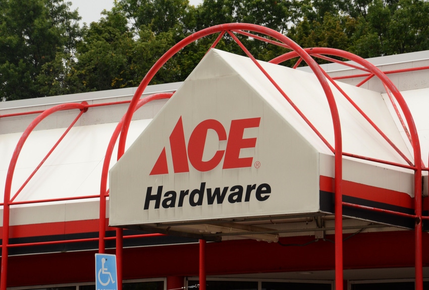 The outside of an Ace Hardware store, with a canvas canopy with the chain's logo on it