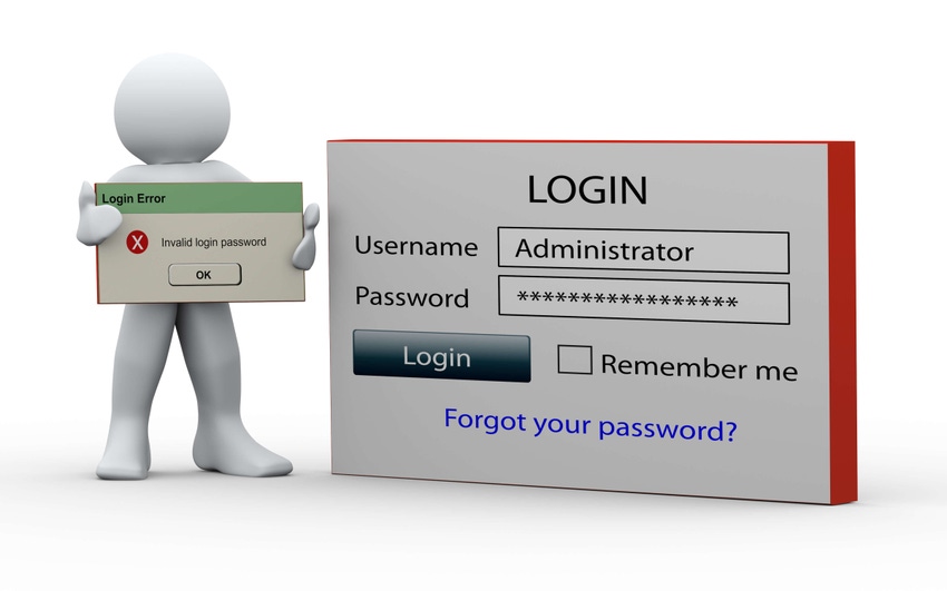 A figure holding a message showing a login error in front of a password screen.