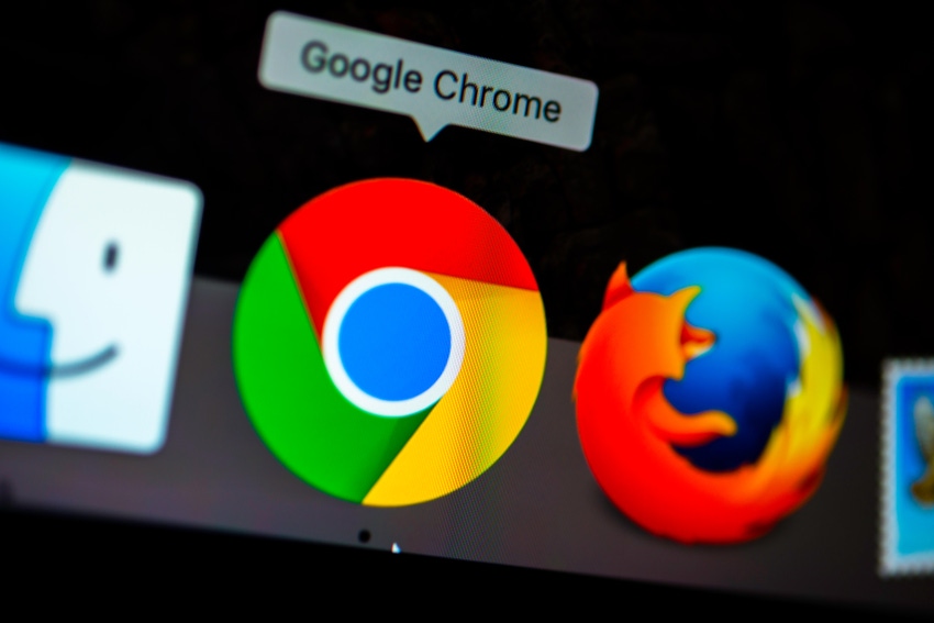 Google Chrome icon with the words "Google Chrome" above it next to a Mozilla FIrefox icon
