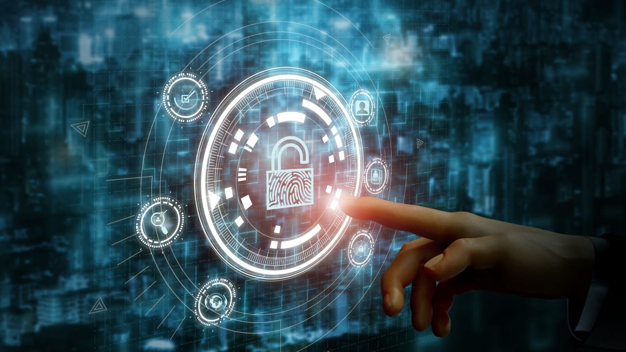 A finger pointing toward digital padlock security A finger pointing toward digital padlock security