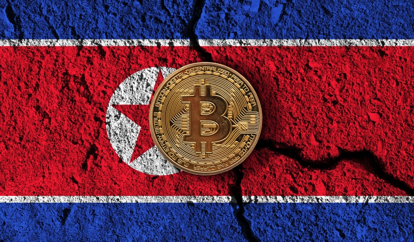 DPRK flag and cryptocurrency abstract image
