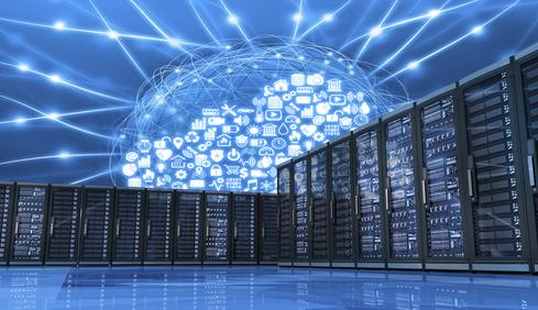 Image shows a graphic of a server room with a computerized-looking cloud behind it filled with icons of various devices