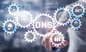 The letters "DNS" within a jagged circle in the center of various technology icons with a blurred finger pointing to it
